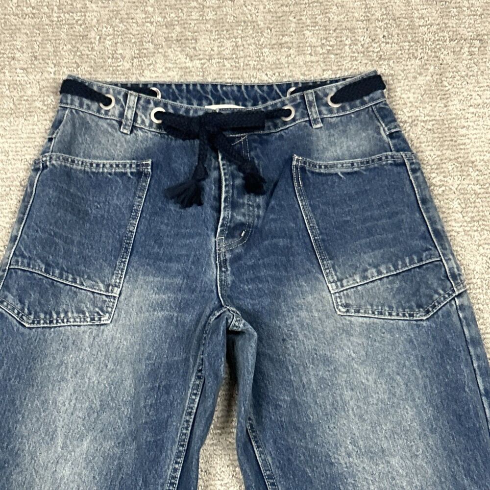 Aaron & Amber Jeans Womens Large Barrel Leg Blue Denim Cargo Button Fly Belted - Picture 2 of 11